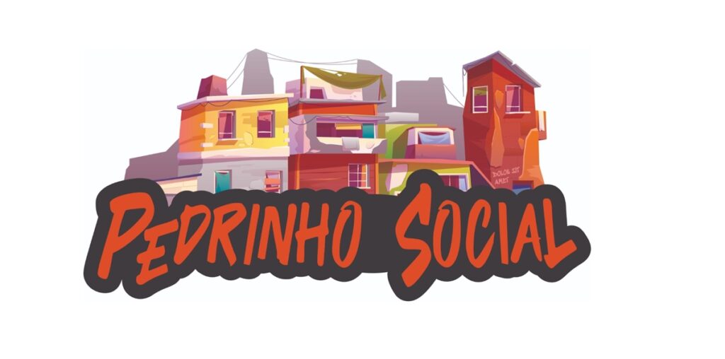 Logo do Pedrinho Social com desenho de casas coloridas da comunidade