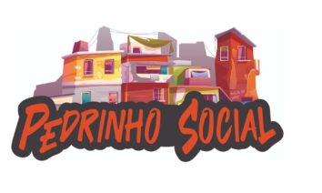 Logo do Pedrinho Social com desenho de casas coloridas da comunidade