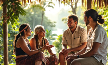 Grupo diverso de pessoas conversando em ambiente tradicional amazônico com teto de palha